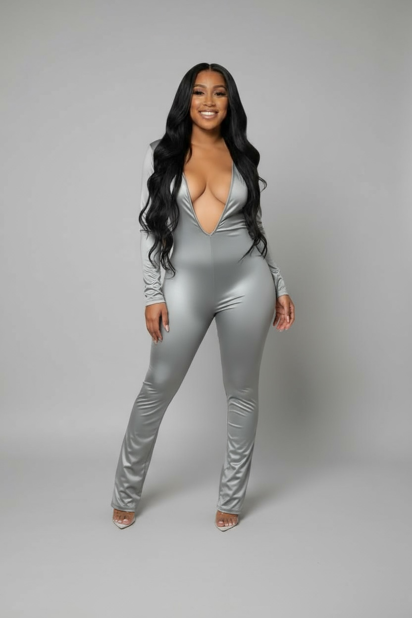 PLATINUM GLOW PLUNGE JUMPSUIT