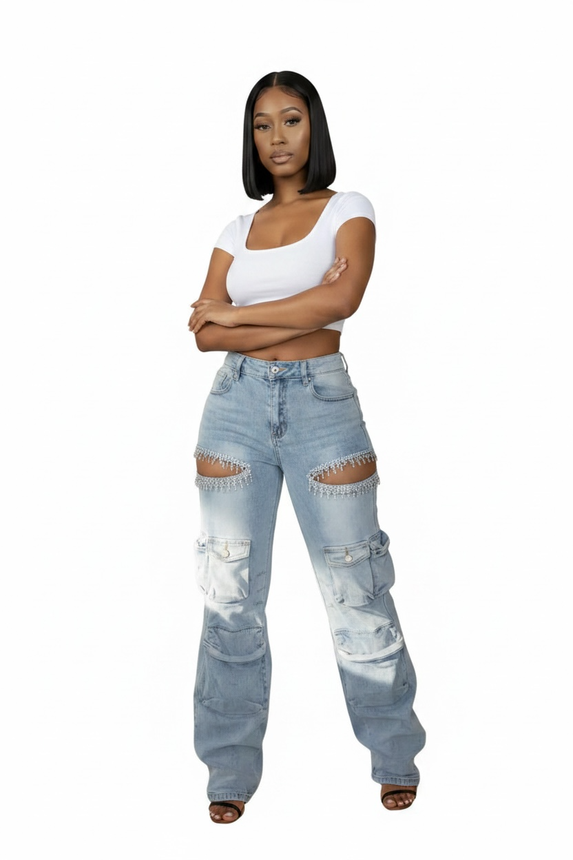 GLAM CUTOUT RHINESTONE JEANS