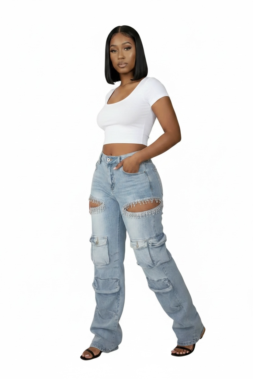 GLAM CUTOUT RHINESTONE JEANS