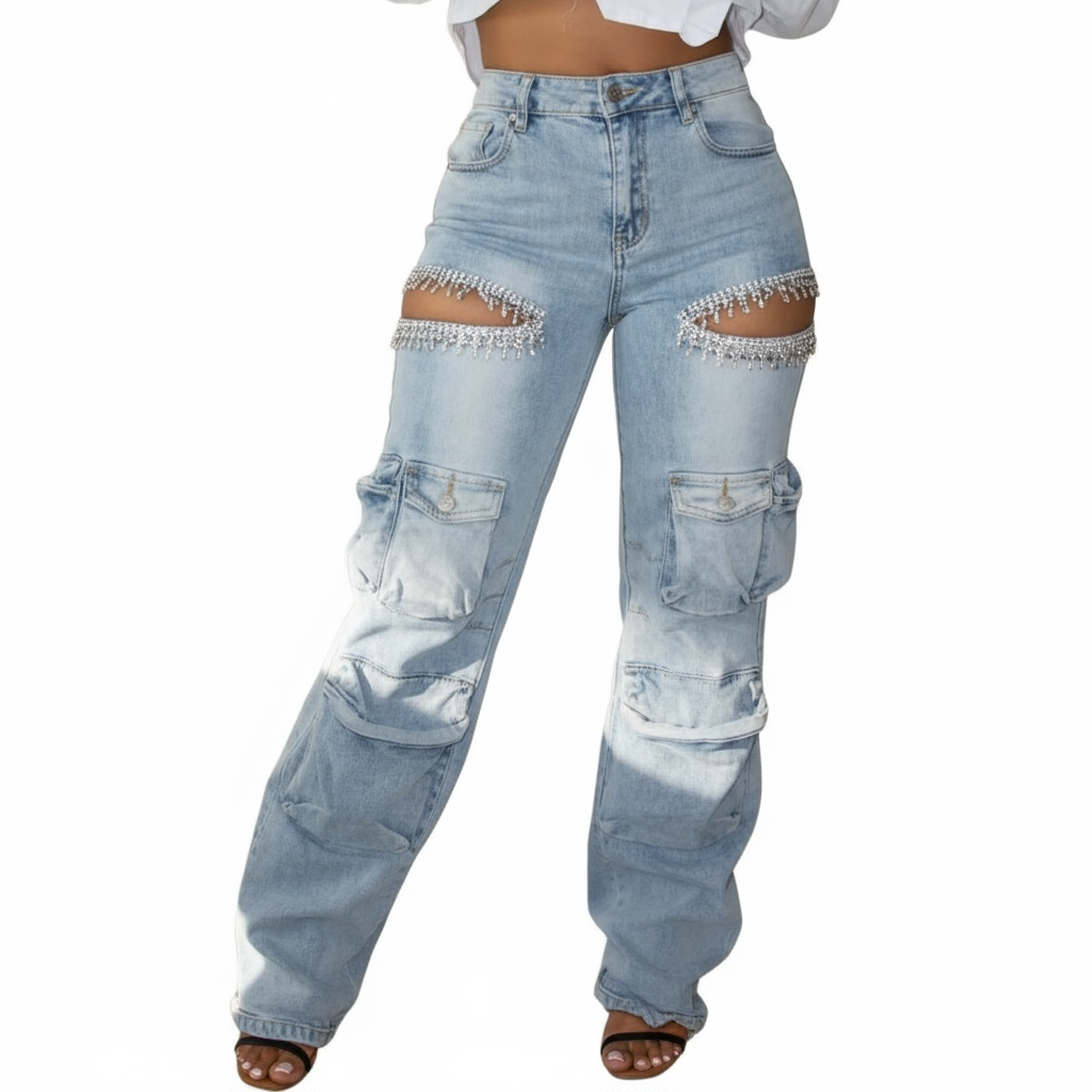 GLAM CUTOUT RHINESTONE JEANS