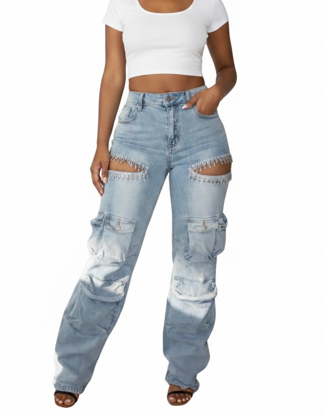 GLAM CUTOUT RHINESTONE JEANS