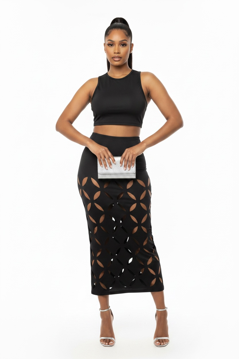 MIDNIGHT BLOOM CUTOUT SKIRT SET