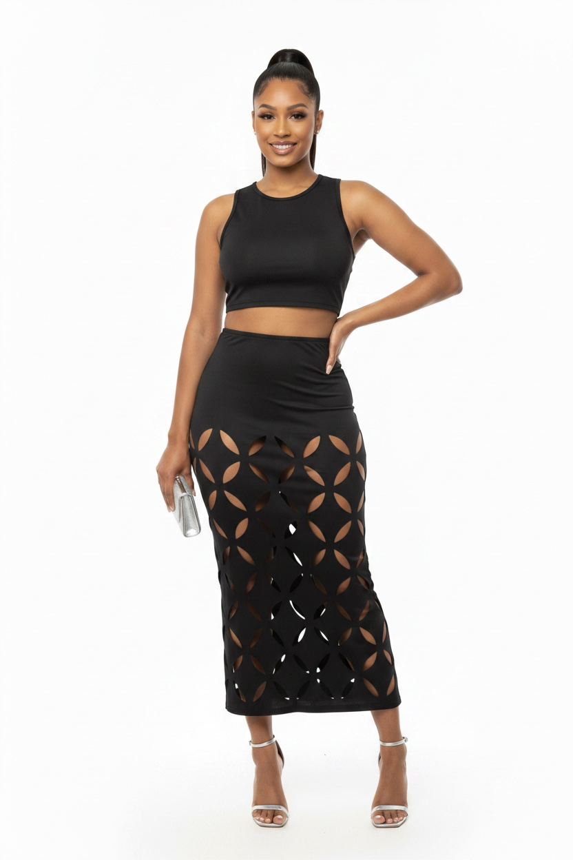 MIDNIGHT BLOOM CUTOUT SKIRT SET